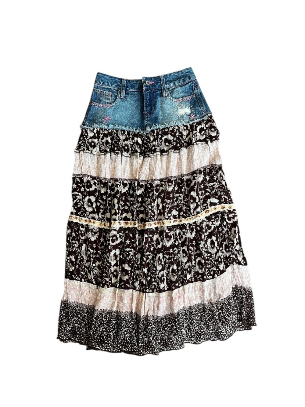 Vintage Y2K Boho Tiered Skirt Denim Brown & Pink 1/2